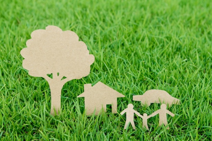 Paper cut of family with house , tree and car on fresh spring green grass