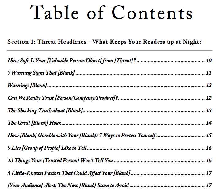 Headline Hacks table of contents